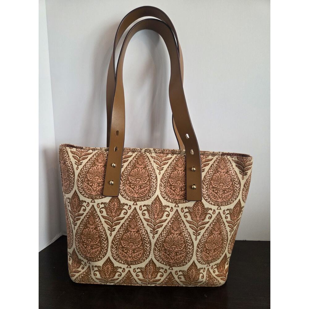 Spartina Pink Boho Handbag Linen Leather Straps Zipper Close Double Handles EUC